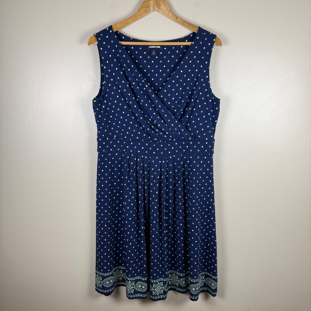 Lands' End Women's L Dress Navy Blue Polka Dot Surplice Pima Cotton Blend Peppy